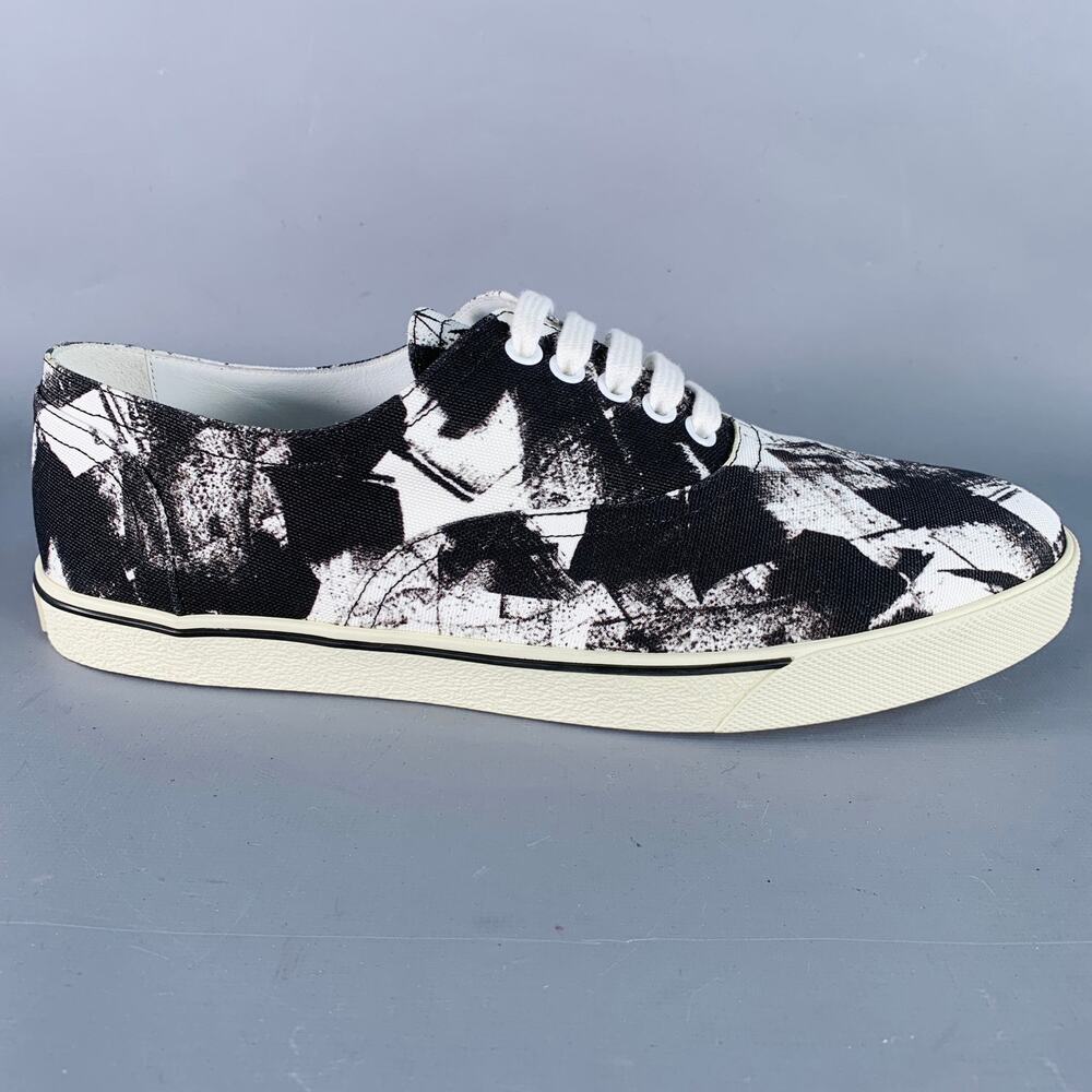 CELINE Fall 2019 Size 9 Black White Marbled Canvas Lace-Up Sneakers - Picture 2 of 10
